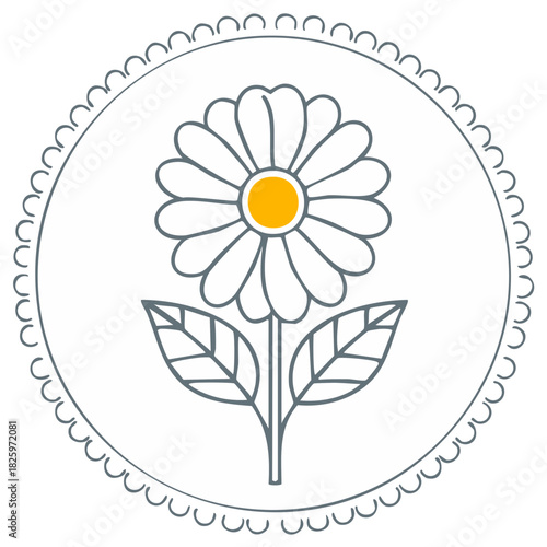 Daisy Flower Outline within Embossed Edge Circle Simple Botanical Design Element Springtime Illustration