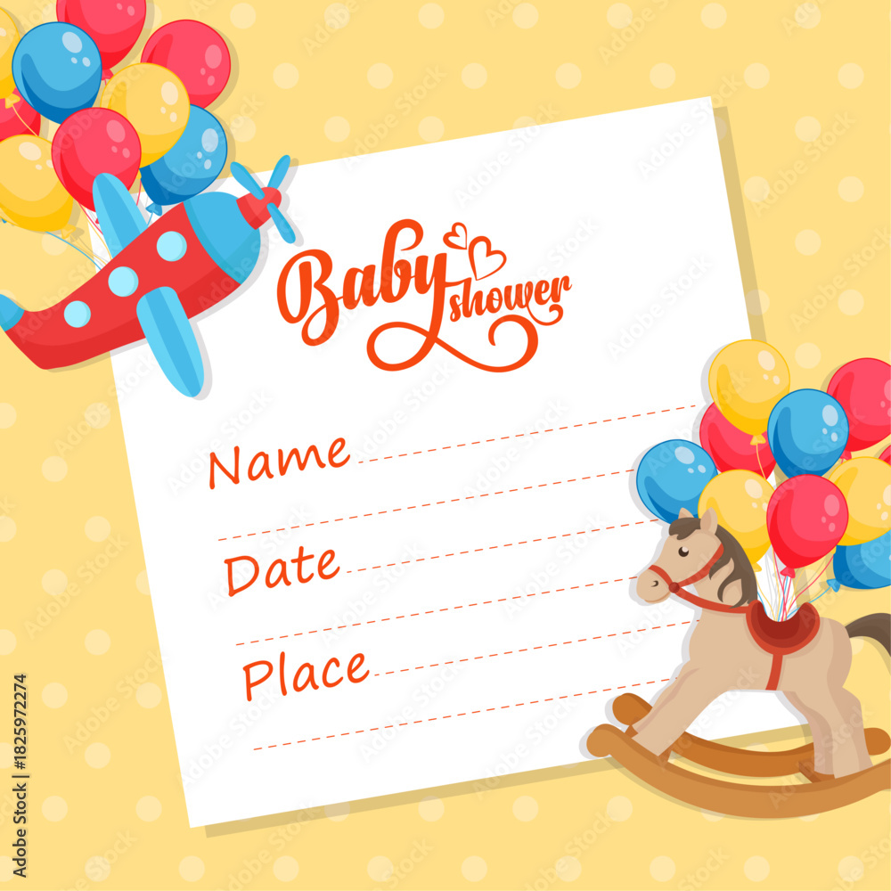 Obraz premium Cute baby shower card invitation template vibrant colorful rocking horse airplane toy balloons