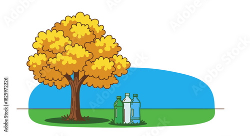 A vibrant autumn tree stands tall on a green landscape, symbolizing environmental care and the importance of recycling plastic bottles for a sustainable future.