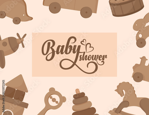 Baby shower brown background with wooden crafted eco children's toys