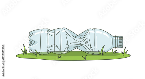 An illustrative depiction of a discarded, crumpled plastic bottle resting on green grass, symbolizing environmental pollution and the urgent need for recycling efforts.