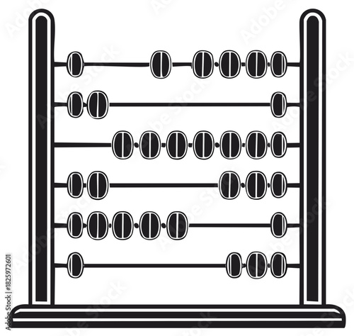 Monochrome illustration of a vintage abacus with rows of beads for calculations and basic arithmetic