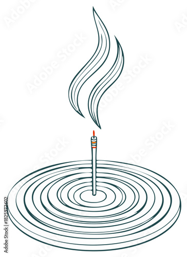 Aromatic burning incense stick with smoke spiral illustration for zen and relaxation