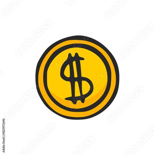 Hand Drawn Dollar Coin Doodle Vector Illustration, Golden Money Icon, Financial Success, Business Investment, E-commerce Payment Symbol, Wealth and Economy Concept, Simple Minimalist Graphic