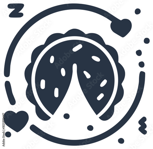 Stylized pie chart with jagged crust and missing slice surrounded by hearts and dots