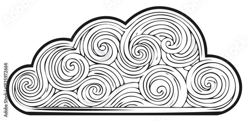 Abstract black and white cloud silhouette with swirling linear patterns inside