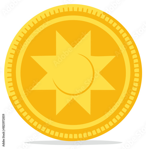 Golden coin with stylized sun symbol central design and patterned rim