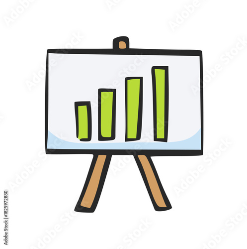 Hand Drawn Presentation Board Icon with Bar Chart, Doodle of Business Growth, Financial Report, Analysis, Marketing Strategy, and Meeting