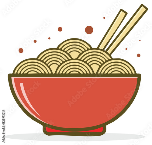 Cartoon illustration of a steaming hot bowl of Asian noodles with chopsticks