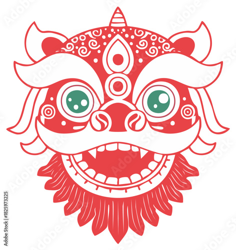 Vibrant Red Traditional Lion Dance Head Illustration for Lunar New Year Festivities
