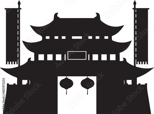 Silhouette of a traditional chinese gate with lanterns and flags