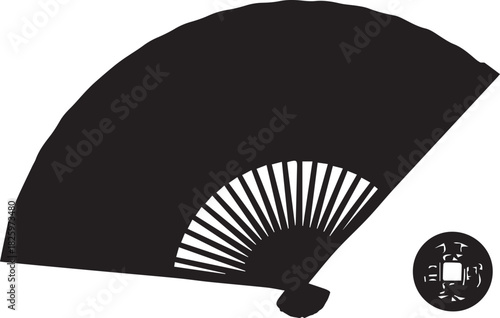 Black silhouette of an open handheld fan and a small sphere