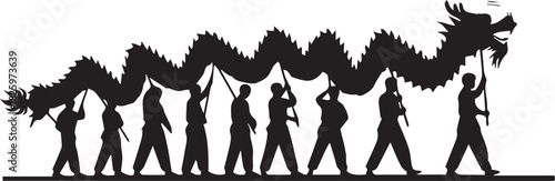 Silhouettes of people carrying a long dragon in a parade