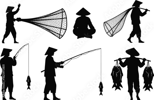 Traditional fisherman silhouette set featuring net casting, fishing rod, carrying fish, and cultural rural lifestyle scenes for illustration and design projects