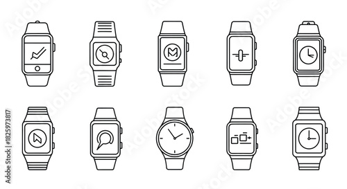 Line art smartwatch and wristwatch icons with various app displays