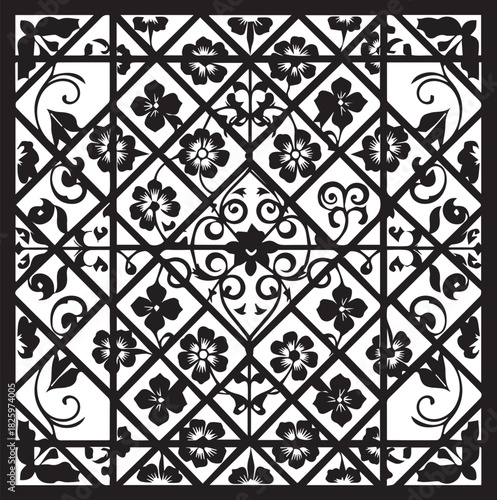 Intricate black and white floral geometric pattern design