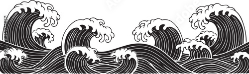 Stylized black and white illustration of crashing ocean waves