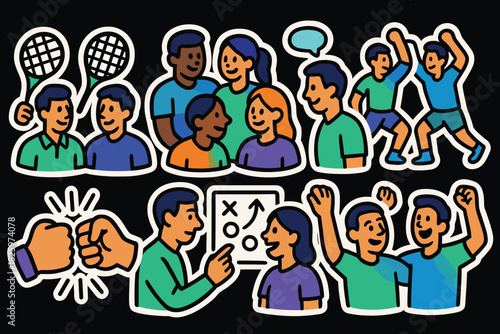 Colorful cartoon group activities with friends in sporty outfits