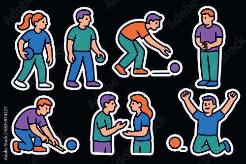 Colorful flat style characters engaged in sports activities with outline design