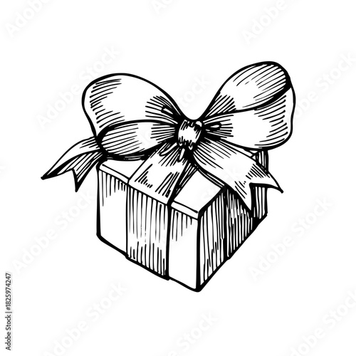 Hand-drawn vintage gift box illustration with an elegant ribbon bow. Perfect for Christmas designs, festive branding, greeting cards, packaging concepts, stickers and decorative holiday projects.