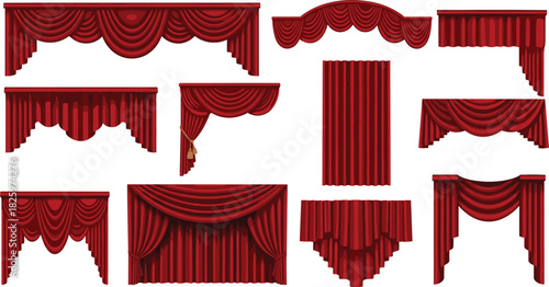 Elegant red stage curtains collection with classic drapery designs, luxurious fabric folds, theater backdrop elements, isolated decorative valance illustrations for creative projects