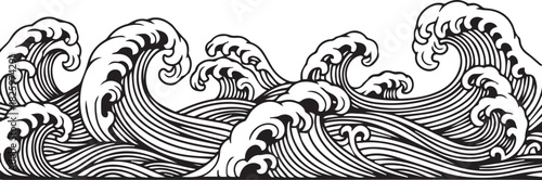 Stylized black and white illustration of crashing ocean waves