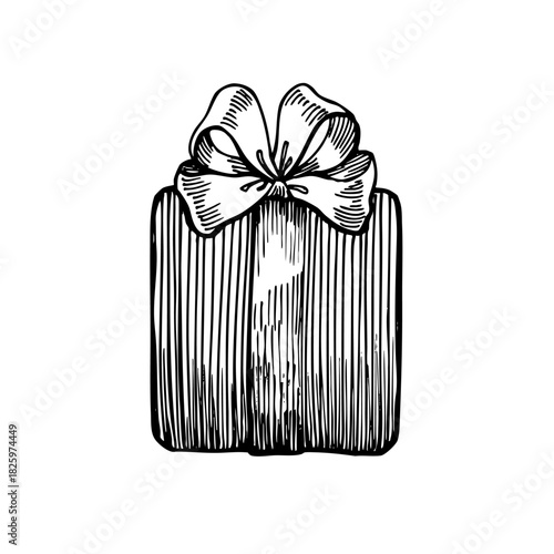 Hand-drawn vintage gift box illustration with an elegant ribbon bow. Perfect for Christmas designs, festive branding, greeting cards, packaging concepts, stickers and decorative holiday projects.