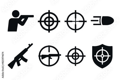 Silhouette shooting icons: aiming targets and firearms visual set