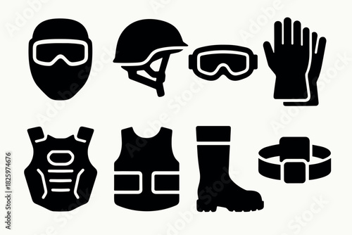 Military equipment silhouette icons: helmets, goggles, gloves, armor, boots