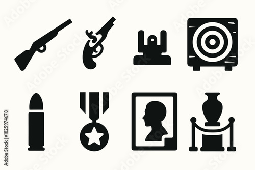 Set of shooting and competition icons: rifle, target, bullet, medal