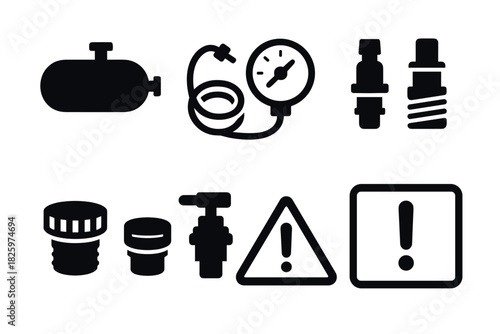 Industrial safety icons set featuring pipes, gauges, and warning symbols in minimalist silhouette style