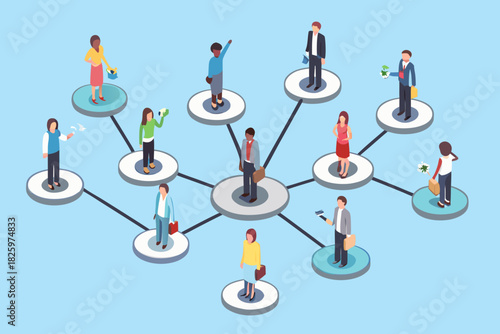 Isometric business network diverse professionals connected in a modern organizational structure