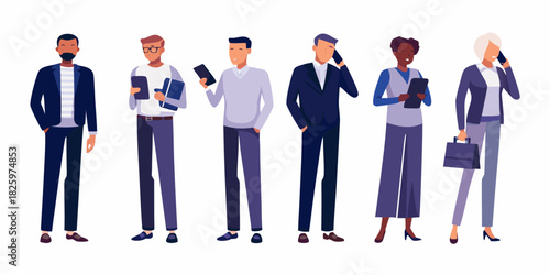 Diverse group of business people using technology and communicating on white background