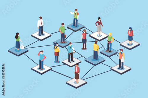 Isometric people network connecting on platforms business communication and social connection