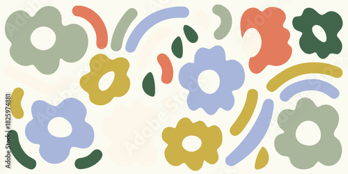 Abstract floral pattern with organic shapes and pastel colors on white background