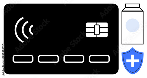 Contactless payment card with chip and wireless waves, milk carton, and blue shield icon. Ideal for finance, retail, e-commerce, nutrition, health technology security. Simple flat metaphor