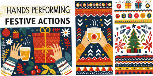Festive hands performing holiday actions with gifts and christmas tree