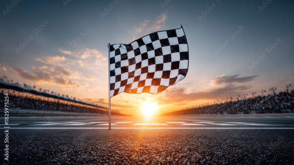 Obraz premium Checkered flag waving at the finish line during a race at sunset.