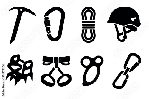 Essential tools for mountaineering and climbing in bold black icons