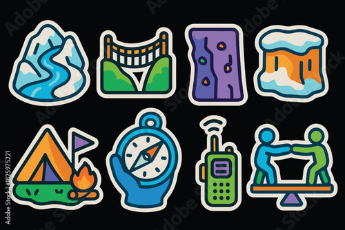 Adventure icons: nature, hiking, and exploration sticker pack