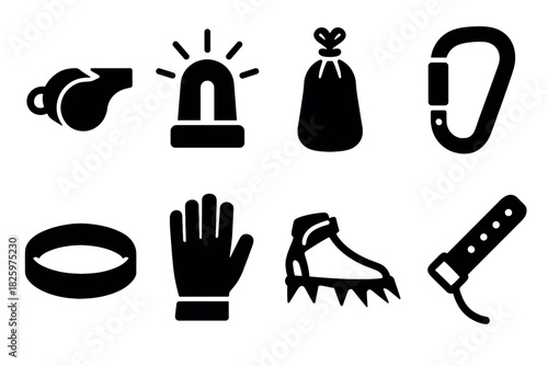 Black silhouette icons of hiking and safety equipment for outdoor activities