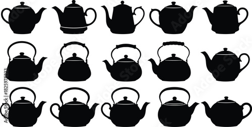 Collection of vintage and modern teapot silhouettes, classic kettle designs for tea illustrations, kitchen decor, beverage artwork, and craft projects