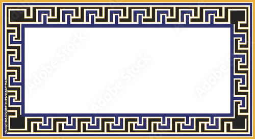 Rectangular frame with a greek key pattern in black blue and gold on a white background
