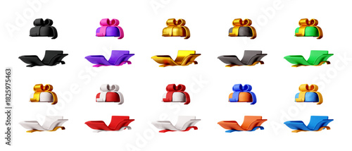 Collection of 3d rendering gift boxes with colorful ribbons, a variety of present boxes for Christmas, Birthday, discount, holiday event decoration. Vector illustration