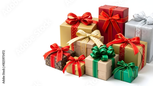 A collection of wrapped presents with colorful ribbons and bows on a white background