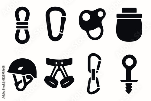 Essential climbing gear silhouette icons for outdoor adventure enthusiasts