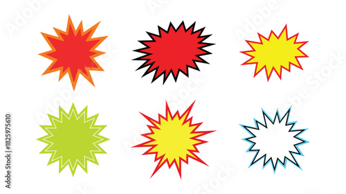 Colorful starburst label shape set vector, round sticker tag icons collection, sale promo price offer badge symbols, discount circle star shapes for marketing, advertising and graphic design isolated

