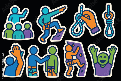 Climbing adventure stickers: team spirit and safety skills in vibrant colors