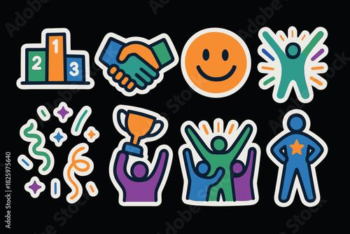 Vibrant flat icons of success and celebration with trophies and smiles