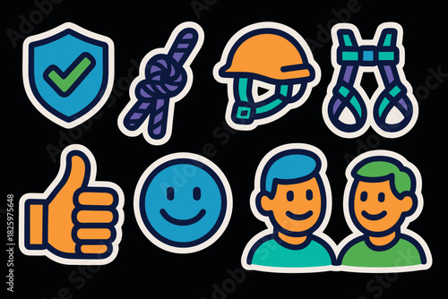Colorful hiking sticker pack featuring safety symbols and happy characters